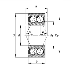 角接觸球軸承 3807-B-2RSR-TVH, 雙列，雙側(cè)唇密封，接觸角 α = 25°