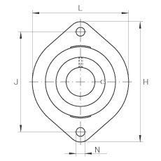 軸承座單元 FLCTEY12, 帶兩個螺栓孔的法蘭的軸承座單元，鑄鐵， 內(nèi)圈帶平頭螺釘， P 型密封，無再潤滑結(jié)構(gòu)