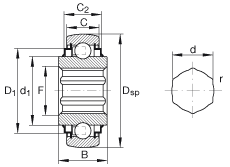 外球面球軸承 SK102-207-KRR-B-AH10, 球面外圈，內(nèi)圈帶六角形孔，兩側(cè) R 型密封